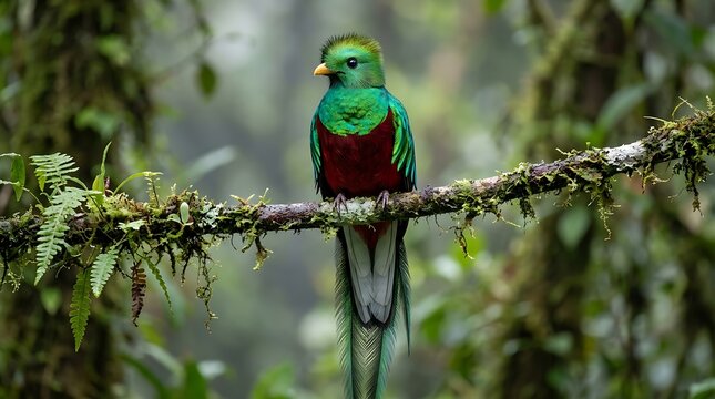 Majestic Resplendent Quetzal perched on a mossy branch in lush tropical cloud forest with vibrant green and red plumage