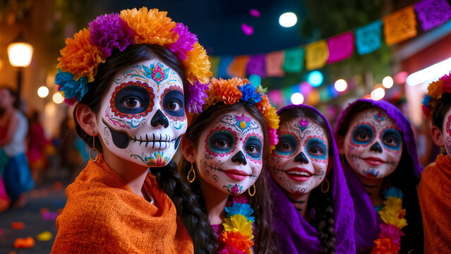Wide banner of young girls with colorful Catrina skull face paint and floral headbands at night, Day of the Dead celebration with festive bokeh lights and vibrant street decorations.