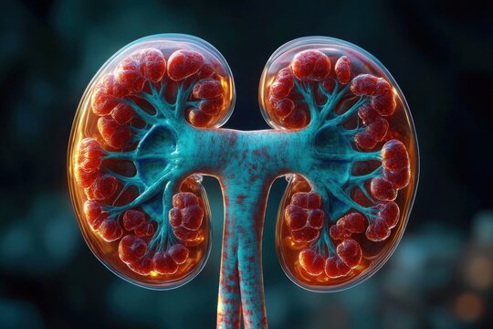 translucent pair of kidneys cross-section showing branching blue renal pelvis and calyces with red clustered glomeruli and glowing edges against dark background, evoking scientific awe
