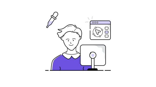 Hand drawn style animated illustration of a web designer working at a computer.