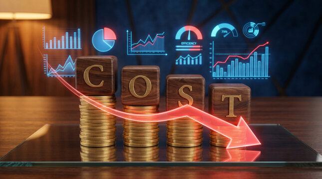 Cost reduction concept: Wooden blocks spelling "COST" on declining coin stacks with a red downward arrow and digital financial charts. High-end business efficiency and savings visual
