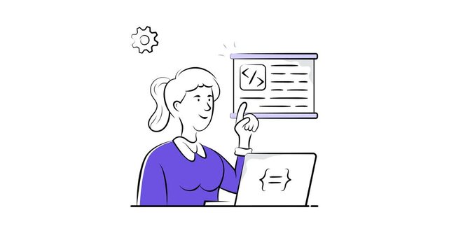 A simple doodle style animated illustration of a woman leading a coding workshop.