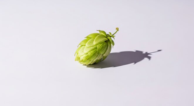 A single green hop cone casting a shadow on a white surface, isolated for graphic design