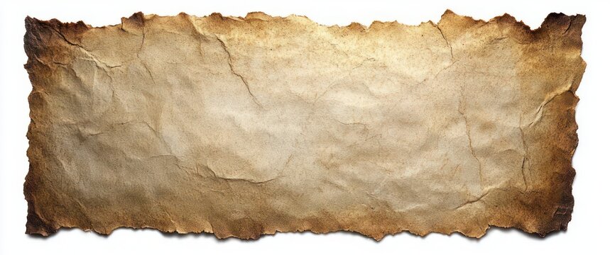 long torn aged parchment paper with burnt edges and crinkled texture, blank sepia surface on white background evoking vintage, rustic and mysterious nostalgia