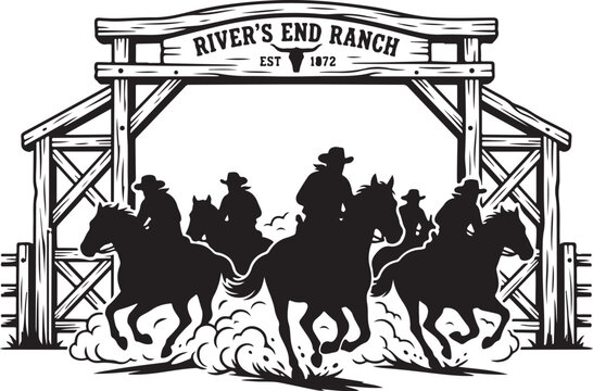 Western cowboy ranch entrance, horse riders silhouette, black and white vector, rustic gate
