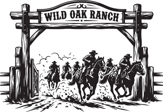 Western cowboy horses, ranch entrance, wild oak illustration, black and white vector