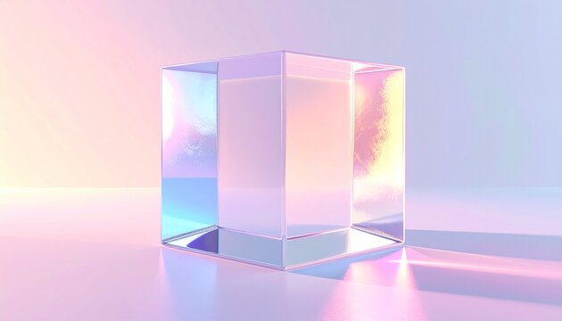 Transparent iridescent glass cube with pastel gradients of pink, purple, blue and orange light on reflective surface, modern digital art concept for 3D rendering and design visuals