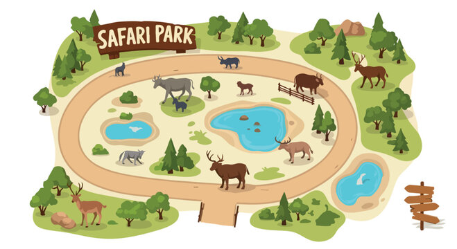 Safari park map vector illustration, wildlife zoo landscape with animals and ponds, nature reserve park layout with deer and elk, outdoor adventure map