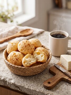 Freshly Baked Brazilian Cheese Bread (Pao de Queijo) Served with Hot Coffee and Cheese