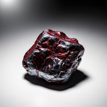 A large, rough piece of dense, dark red hematite mineral, showing a strong metallic luster, resting isolated on a clean white surface, mining, Hematite, weighty