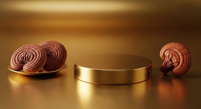Reishi mushrooms displayed on a golden pedestal with a metallic background