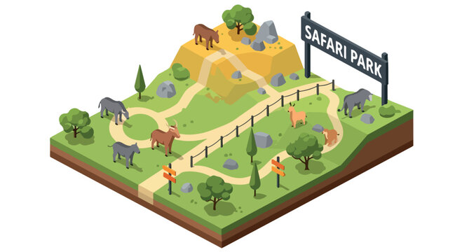 Isometric safari park map with wild animals, zoo entrance gate with sign, 3d landscape with elephant, giraffe, and lion, nature reserve vector illustration
