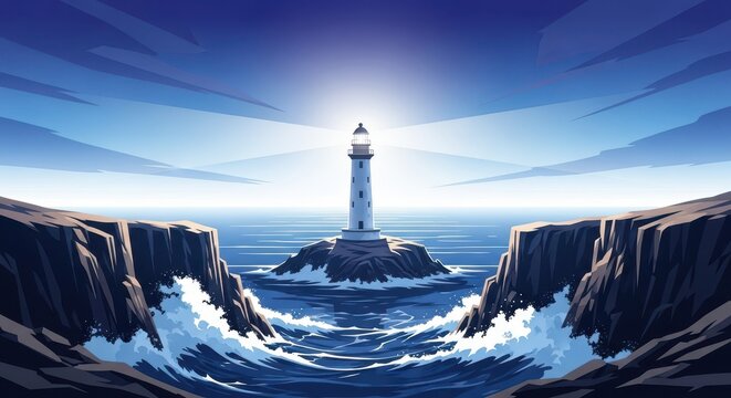 A striking white beacon standing tall on a remote, windswept headland, guiding ships across the turbulent, deep blue coastal waters and jagged cliffs, lighthouse, safety, walking path