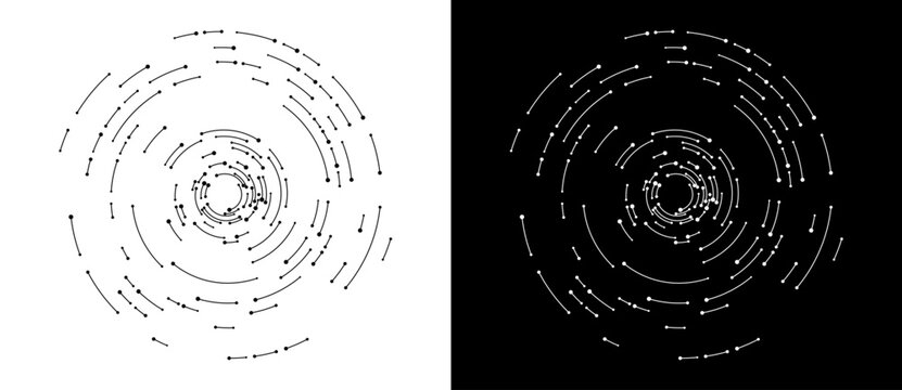 Dotted arc spiral pattern with node-tipped segments expanding outward from a dense center on white and black backgrounds, monochrome minimal vector icon set.