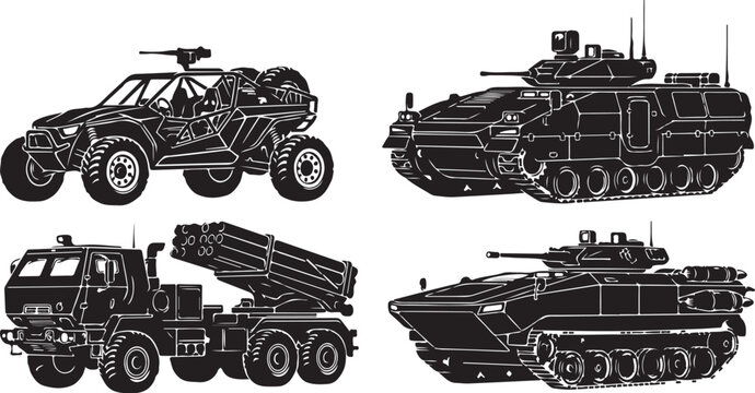 Military vehicles, tanks, missile launcher, armored cars, black icons, set of 4