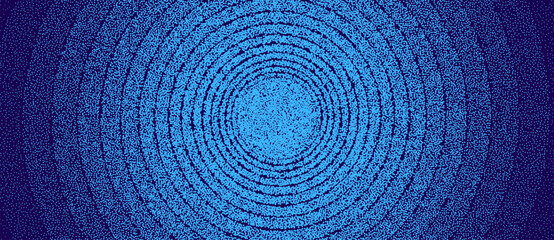 Fototapeta premium Cyan stipple dot spiral with alternating dense and sparse dot tracks expanding from a bright center into dark blue background, futuristic full-frame generative vector texture.