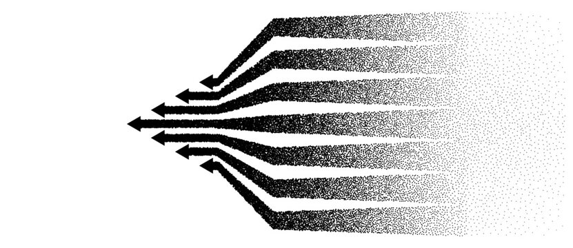 Seven stipple halftone dissolving arrows fanning from the right and converging to a single left-pointing focal point on white background, monochrome vector convergence concept art.