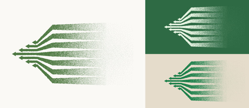 Seven stipple streams transforming from wide sparse dots into dense parallel arrows on cream, dark green, and beige backgrounds, chaos to order green vector concept icon set.