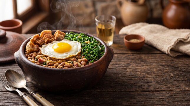 Traditional Brazilian Feij&atilde;o Tropeiro served in a rustic clay bowl with fried egg, kale, and pork rinds on a wooden table