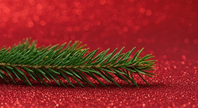Festive green pine needles resting on a brilliant sparkling ruby red backdrop, perfect for holiday greetings and seasonal celebrations, decoration, foliage, bough