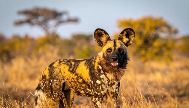 Solitary African wild dog standing alert in the savanna at sunset, showcasing its unique mottled brown and black patterned coat in a cinematic wide banner composition during golden hour.