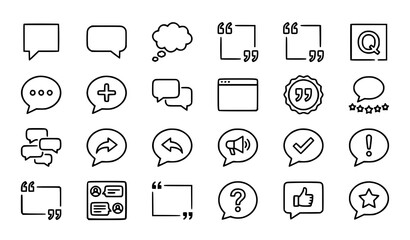 Fototapeta premium Speech bubble and quotation mark frame line icon collection for chat communication and web interface vector design