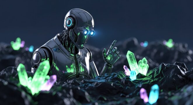 A sleek robotic explorer with glowing ocular sensors examines a cluster of luminescent crystals on a jagged, futuristic alien terrain, technology, sensors, electronics