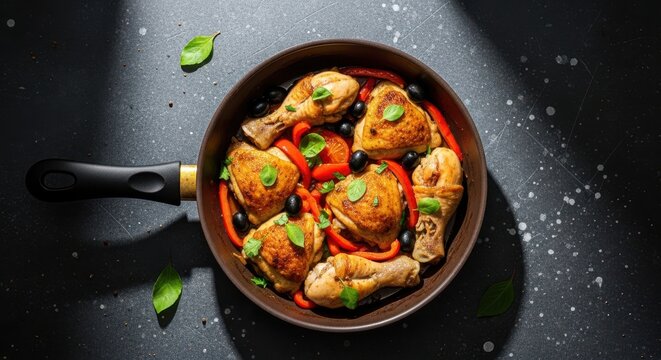 Roasted chicken thighs and drumsticks in a frying pan with peppers and olives