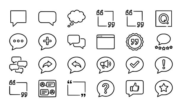 Speech bubble and quotation mark frame line icon collection for chat communication and web interface vector design