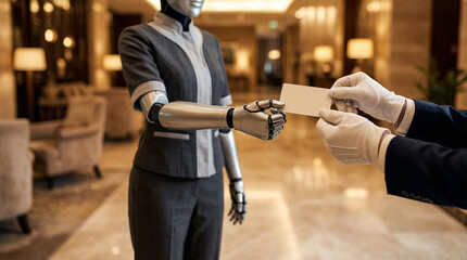 Naklejka premium Robot arm handing white card to person wearing gloves in hotel lobby metal hand.