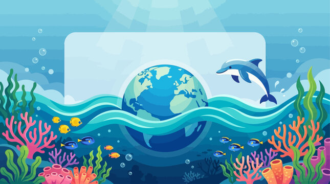 Deep Sea Background with Sun Rays and Earth Globe Submerged in Coral Reef