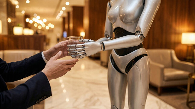 Metallic robot hand holding glass for human, futuristic service in hotel lobby.