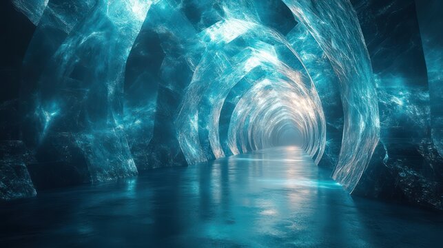 glimmering crystalline ice tunnel with arched walls and mirror-like water leading to a soft glowing exit, serene and mysterious icy cavern