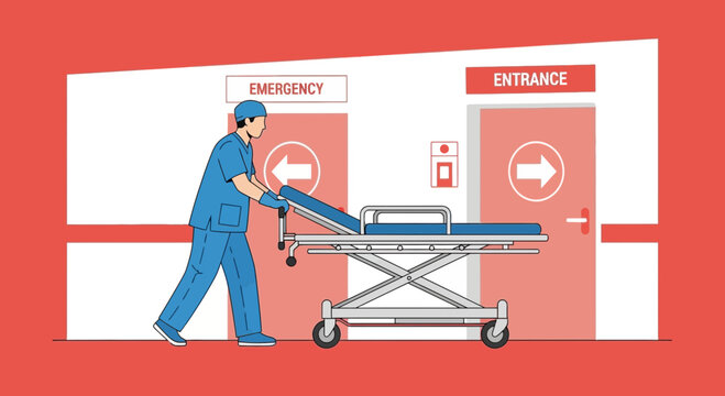 Paramedic pushing empty stretcher towards hospital emergency entrance