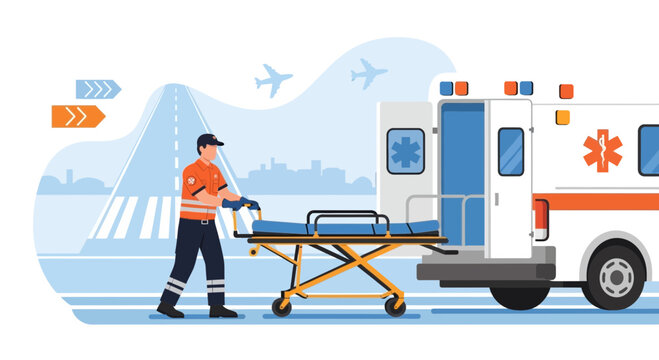 Paramedic pushing ambulance stretcher towards medical vehicle at airport tarmac