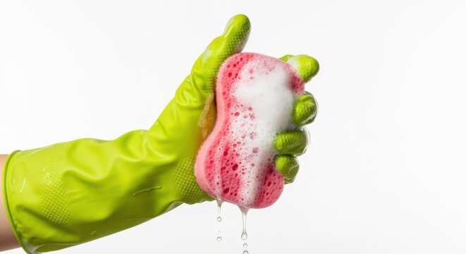 A hand in a green rubber glove squeezing a soapy pink cleaning sponge isolated on white background