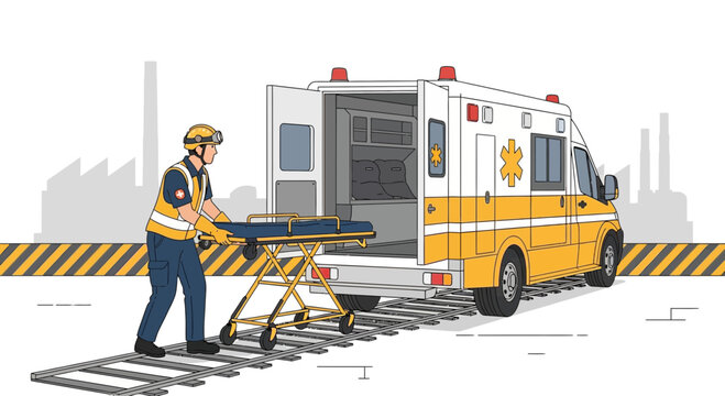 Paramedic Unloading Stretcher from Ambulance at Industrial Site