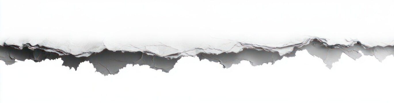 horizontal torn white paper with jagged rough edge and deep shadow evoking reveal and tension on a blank background