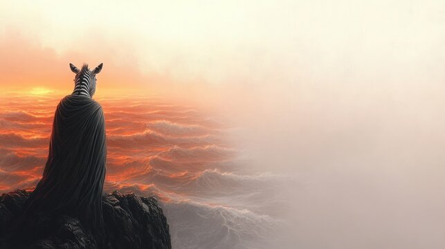 Cloaked zebra-headed figure standing on a rocky cliff overlooking glowing fiery ocean waves at sunrise, misty horizon, contemplative and solitary mood