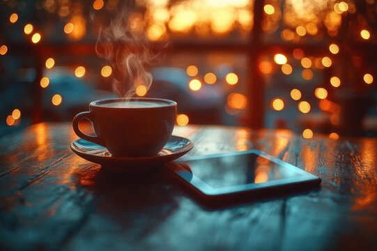 Steaming cup of coffee on a saucer beside a tablet on a wooden table with warm bokeh lights and sunset glow, cozy peaceful mood