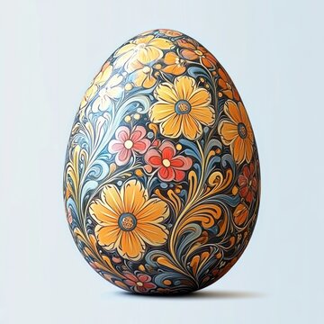 Ornate painted egg with intricate yellow and coral flowers and swirling blue-green leaves on a light neutral background, elegant joyful decorative mood
