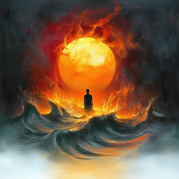 Silhouette standing in turbulent sea before a towering fiery sun, waves crashing under a burning sky, conveying awe and solitude