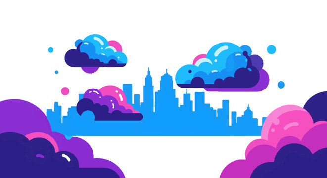 Vibrant cityscape illustration with abstract colorful clouds floating above and below, depicting a modern urban landscape with a dreamy, whimsical atmosphere in a flat design style.