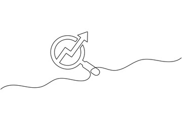 Obraz premium Search Icon with Growth Arrow Continuous One Line Drawing Minimal Magnifying Glass Graph Outline Vector Illustration