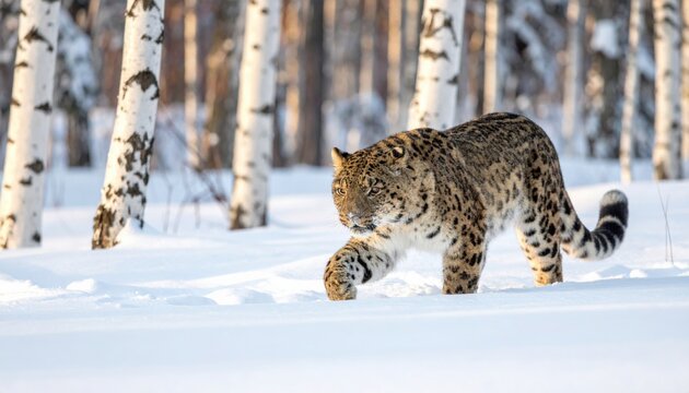 A rare Amur leopard with a dense patterned coat walks through deep snow in a Siberian birch forest during winter, captured in a cinematic widescreen banner format perfect for nature backgrounds.