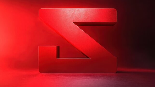large red 3d angular block sculpture resembling a stylized zigzag letter on a smoky red studio floor with dramatic cinematic lighting and bold intense energy