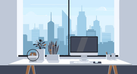 Naklejka premium Modern office desk with computer and plants overlooking a city skyline through a large window