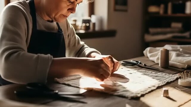 Elderly woman sewing fabric in her home workshop.