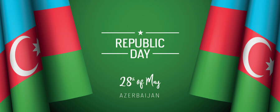 Azerbaijan republic day vector banner, greeting card. Azerbaijani wavy flag in 28th of May national patriotic holiday horizontal design