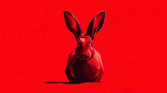 Happy easter Red rabbit faces forward, bold against vivid crimson backdrop. Polygonal design adds sharp, modern edge to the illustration. Sleek, stylized form contrasts with rich, saturated color